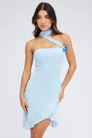 Vibrant Chic Scene Mood Blue Mini Dress Sleeveless Scarf Ruffled Rosette Brooch