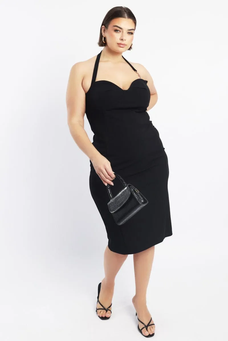 Black Halter Bodycon Midi Dress Clasp Detail Metal Shine
