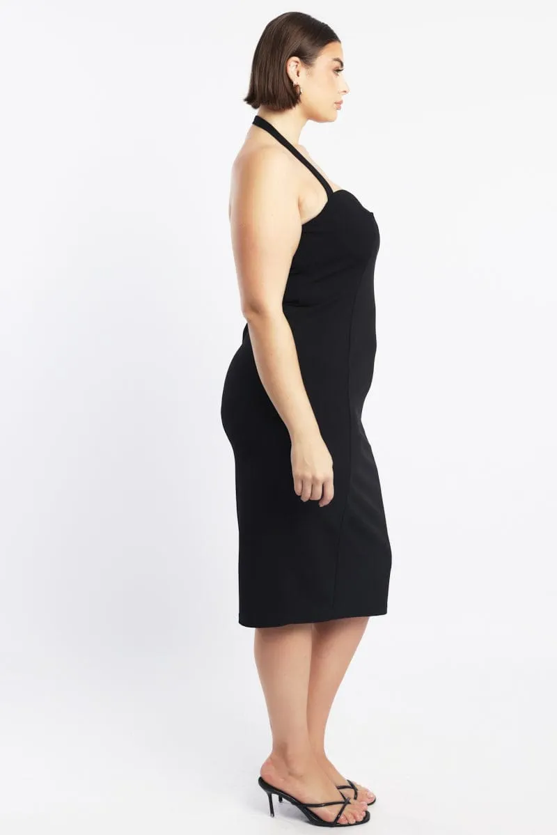 Pack Friendly Seasonal Wear Black Halter Bodycon Midi Dress Clasp Detail