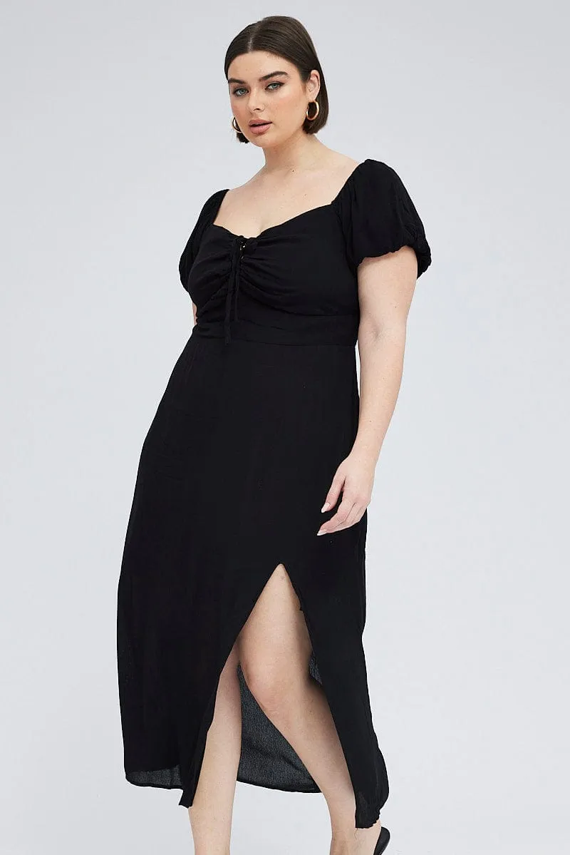 Black Midi Dress Lace Up Crinkle Short Sleeve Galaxy Glow Relaxed Design