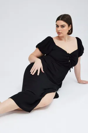 Summer Picnic Black Midi Dress Lace Up Crinkle Short Sleeve
