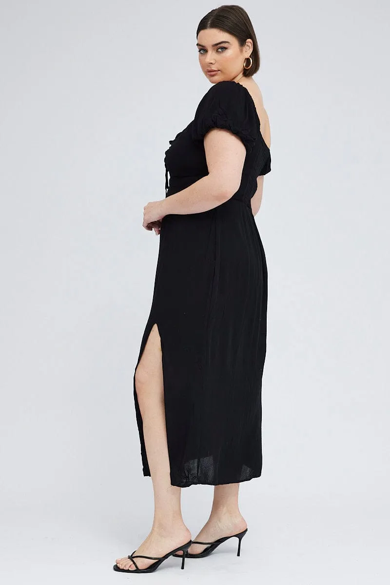 Young Professional Sleek Silhouette Black Midi Dress Lace Up Crinkle Short Sleeve