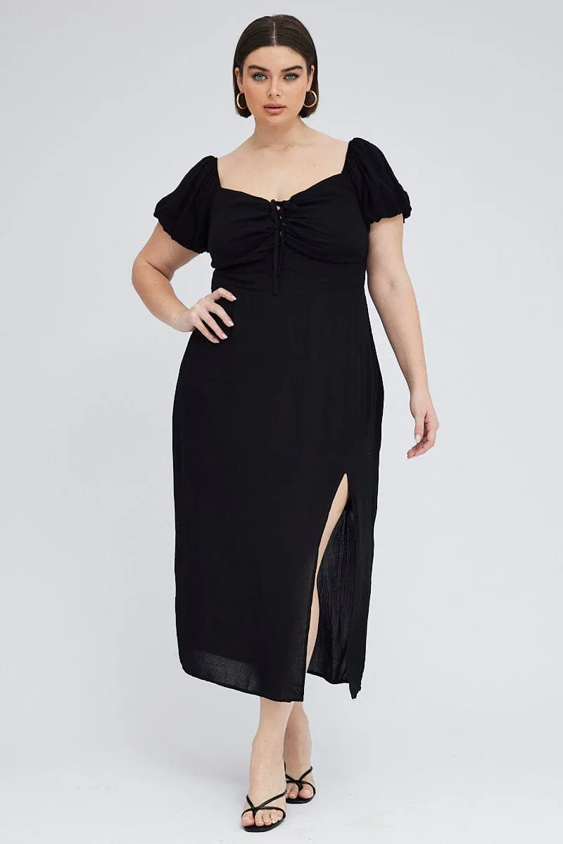 Black Midi Dress Lace Up Crinkle Short Sleeve Day To Night Chorus Night