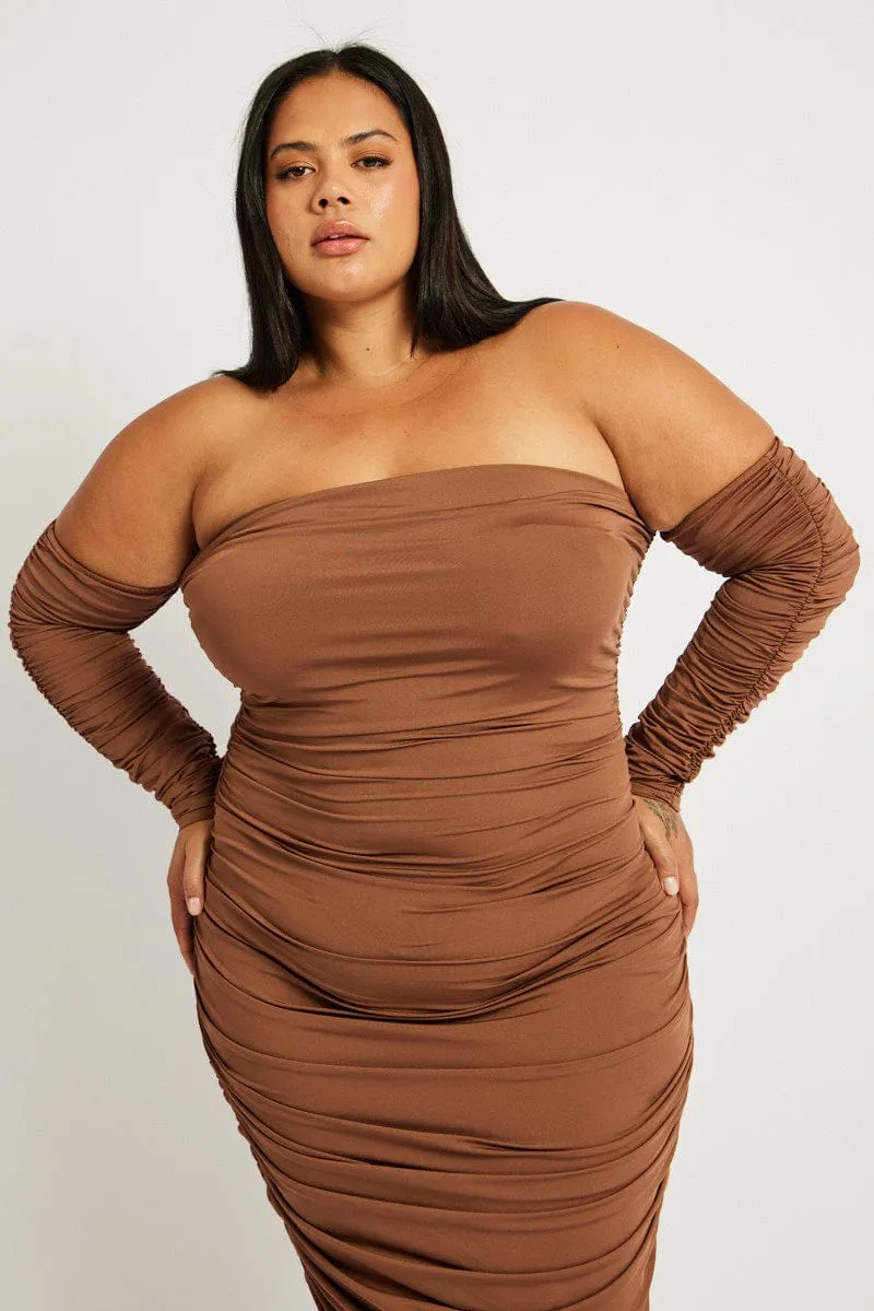 Brown Ruched Jersey Midi Dress Machine washable Gold Hour