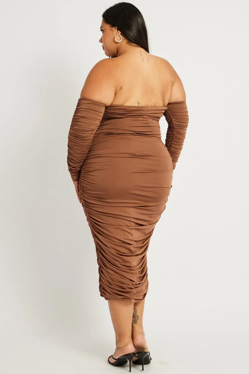 Smart and Stylish Galaxy Glow Brown Ruched Jersey Midi Dress