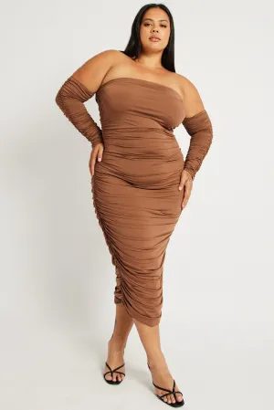 Effortless Wear Brown Ruched Jersey Midi Dress