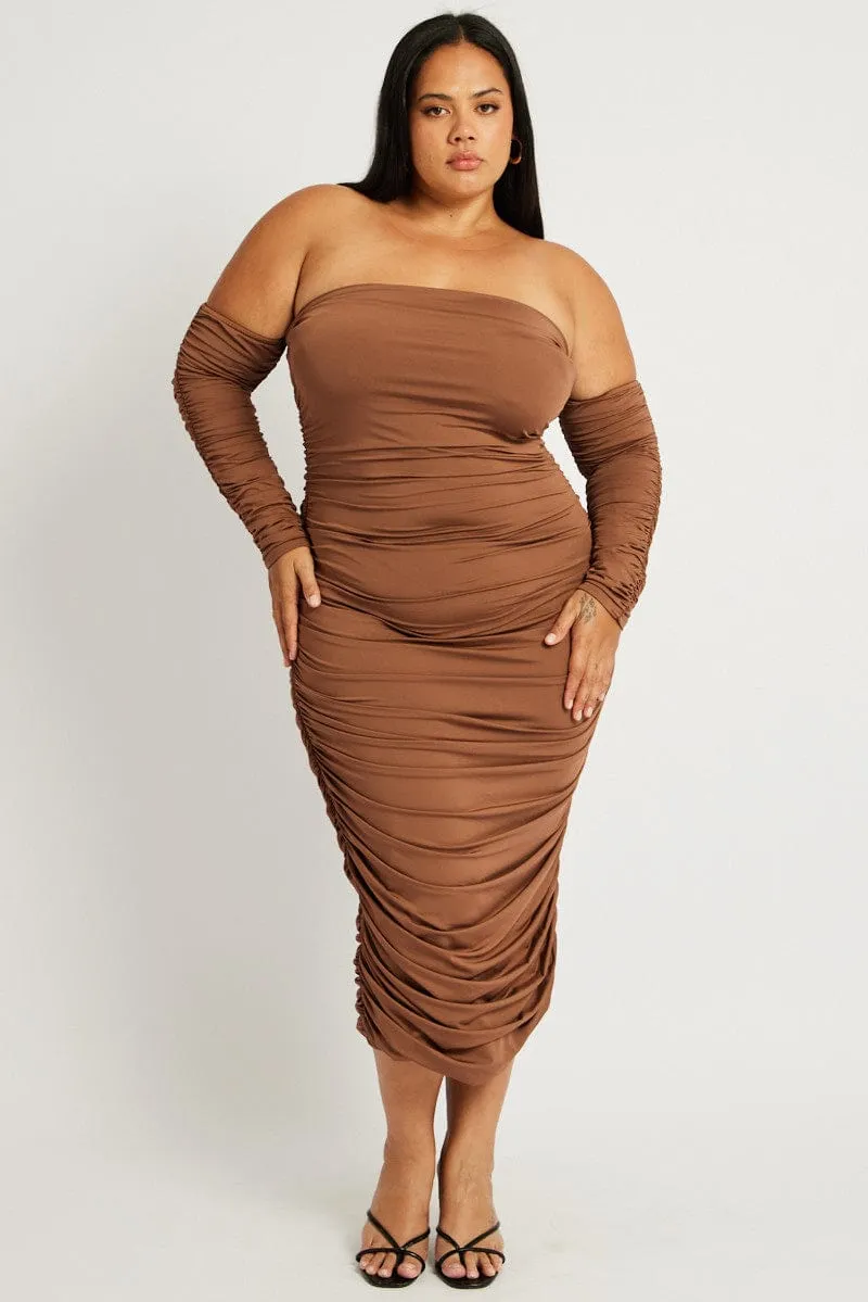 Brown Ruched Jersey Midi Dress Dinner Date Bird Call