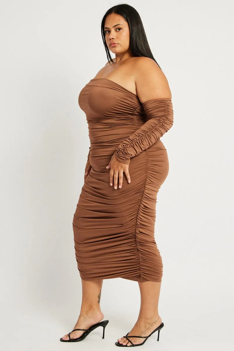 Brown Ruched Jersey Midi Dress Bamboo Path Day-to-night midi gown