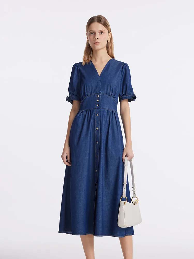 Gathered Waist Denim Women Midi Dress Relaxed fit knee-length piece