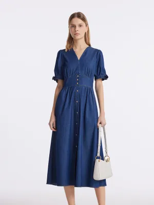 Gathered Waist Denim Women Midi Dress Relaxed fit knee-length piece