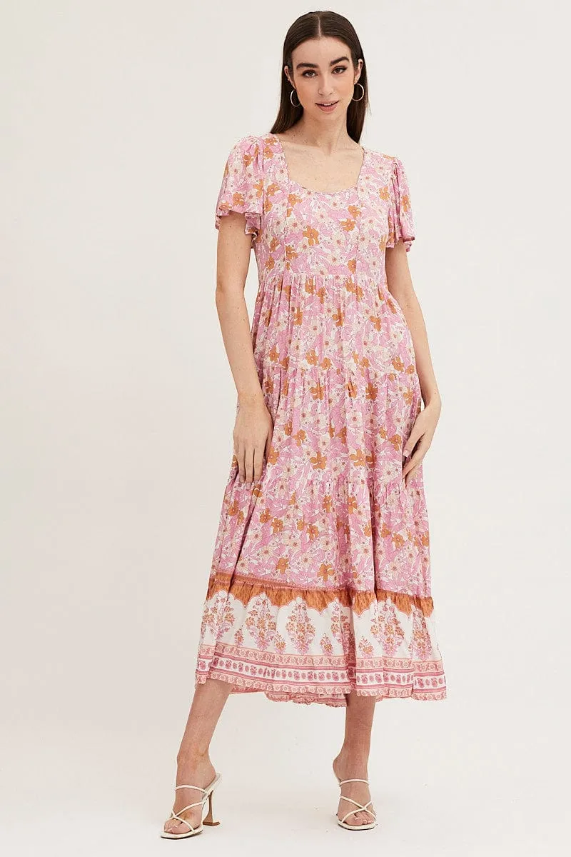 Bamboo Glow Shimmer Sky Boho Print Hem Frill Dress Short Sleeve Maxi Square Neck