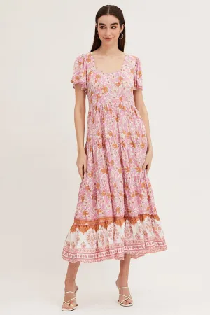 The simple design of this dress ensures that it will never go out of style Boho Print Hem Frill Dress Short Sleeve Maxi Square Neck