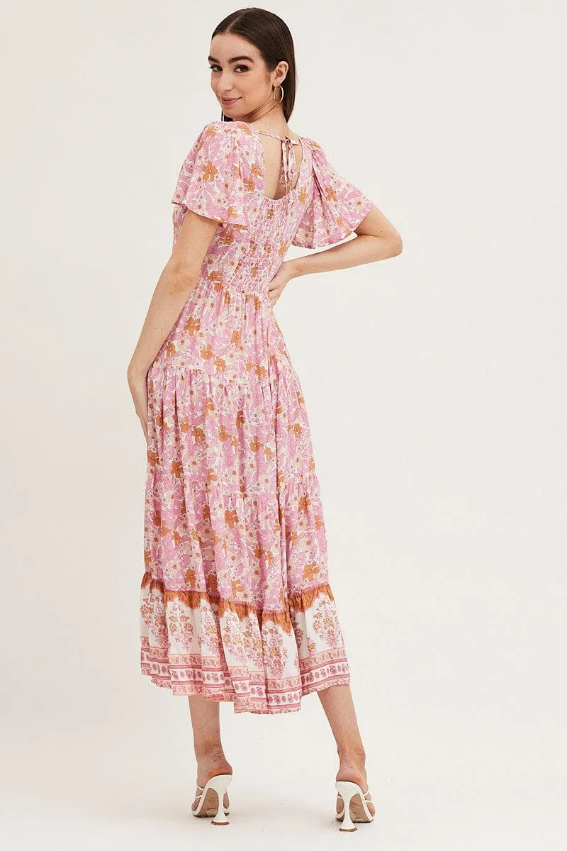 The flattering cut of this dress creates a polished appearance without being overly fussy Bold pattern maxi Boho Print Hem Frill Dress Short Sleeve Maxi Square Neck