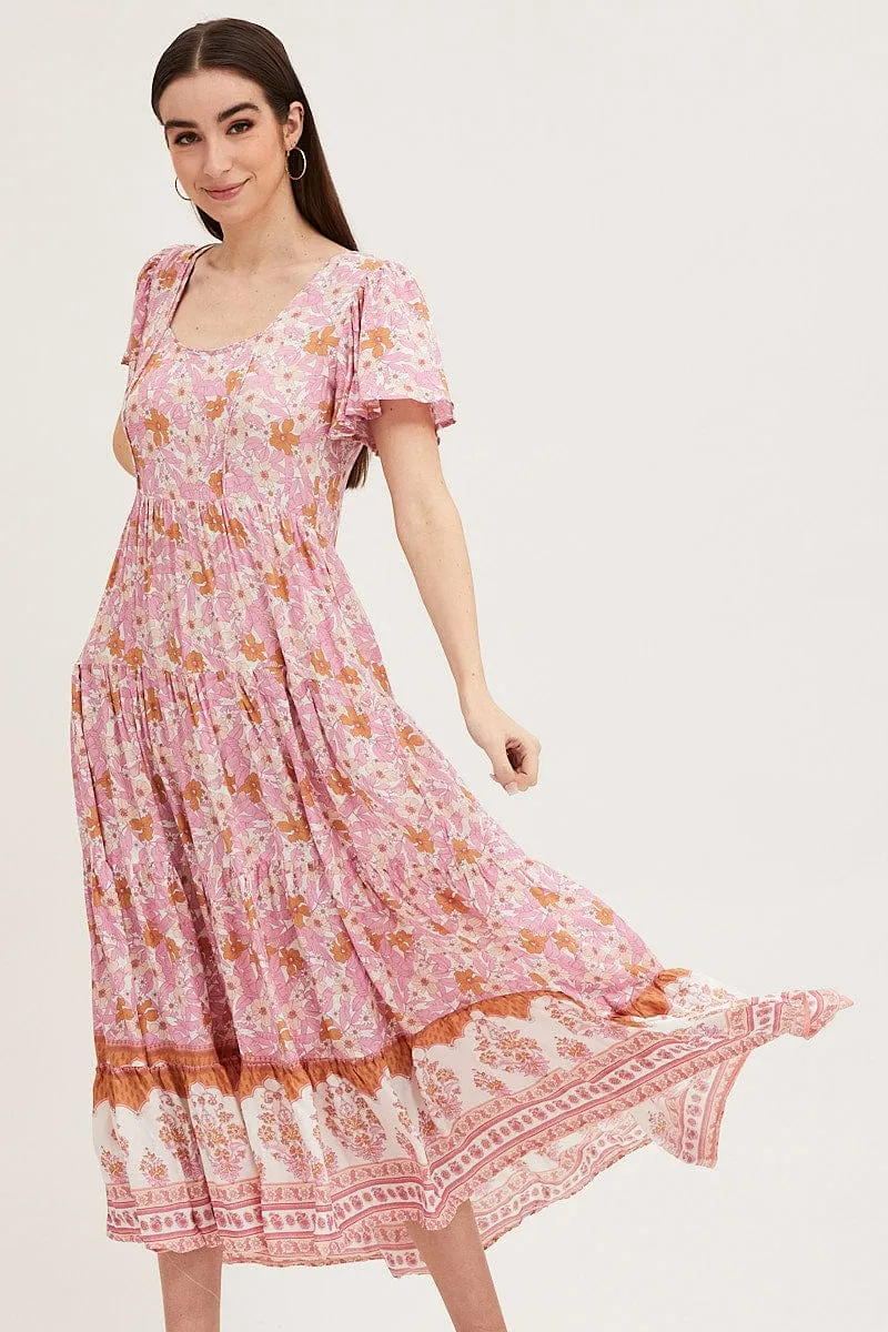 Boho Print Hem Frill Dress Short Sleeve Maxi Square Neck Flowing chiffon dress
