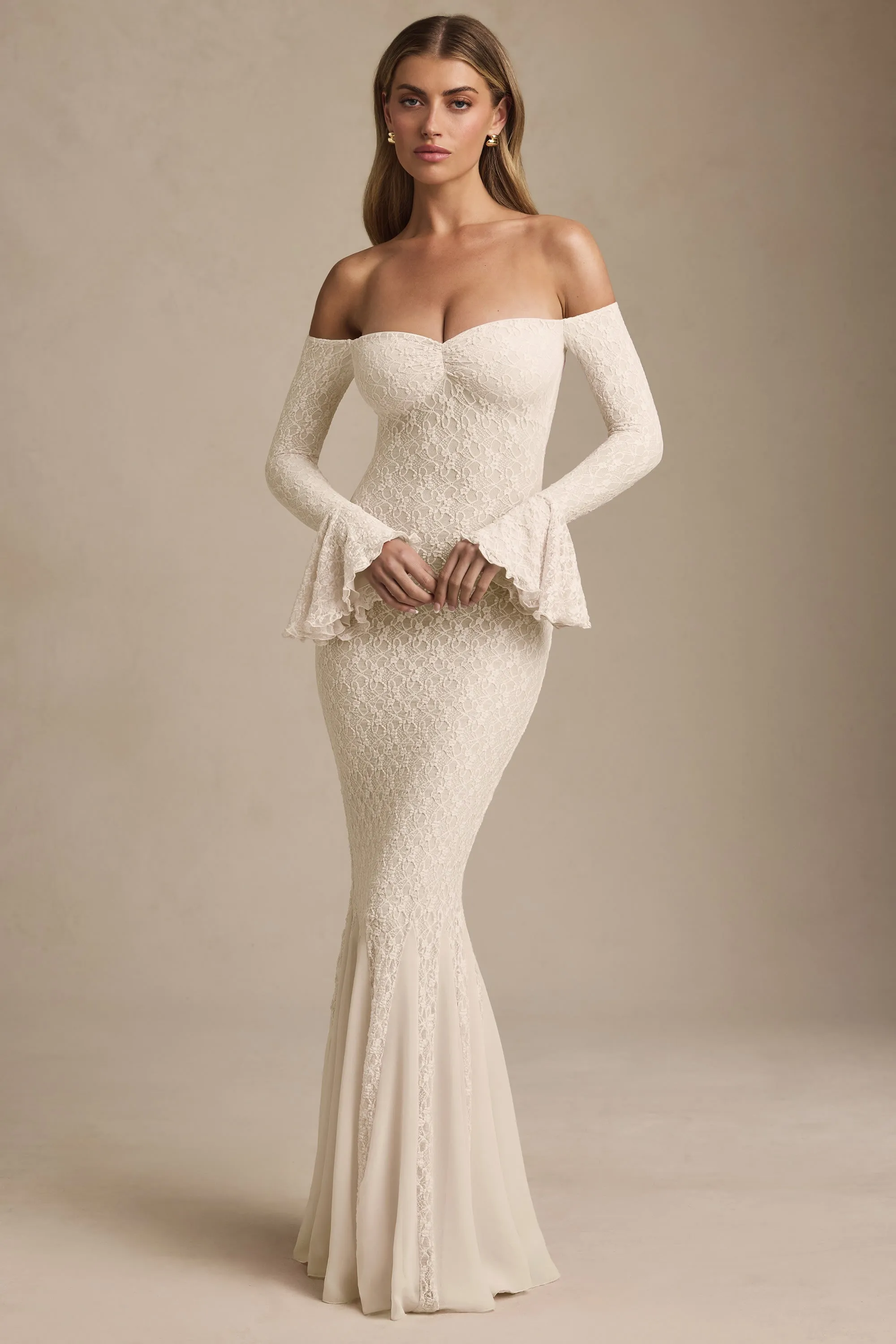 Off-Shoulder Ruffle Lace Maxi Dress in Ivory The maxi length of this dress provides full coverage while still maintaining a lightweight feel Milky Glow