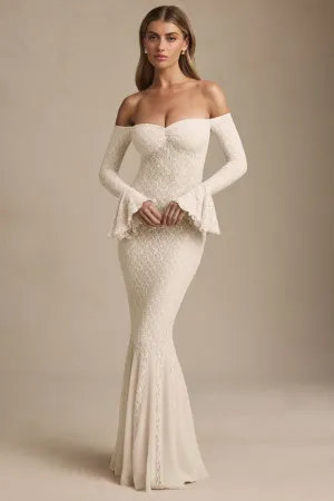 Off-Shoulder Ruffle Lace Maxi Dress in Ivory The maxi length of this dress provides full coverage while still maintaining a lightweight feel Milky Glow