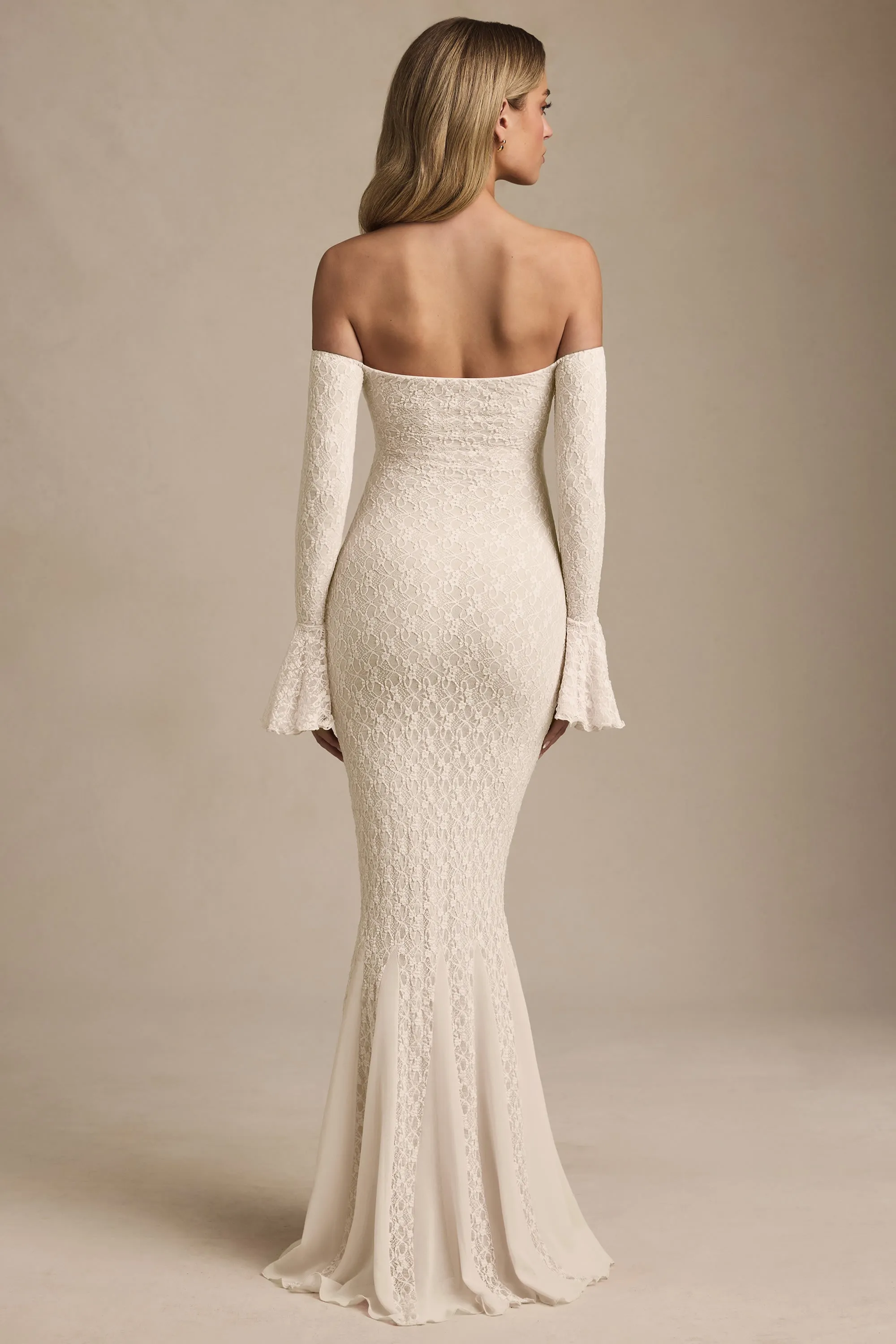 Sheer Layer Off-Shoulder Ruffle Lace Maxi Dress in Ivory