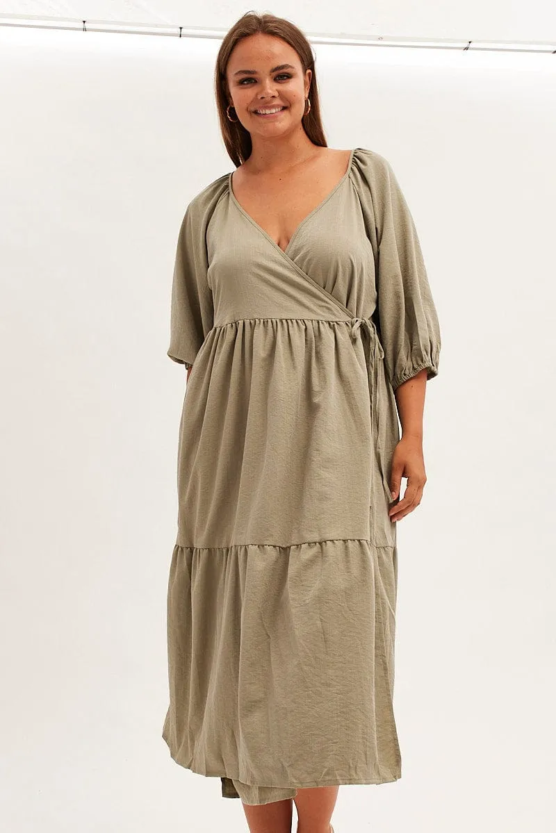 Versatile midi dress with pockets Cool Shade Green Maxi Dress Wrap Short Sleeve