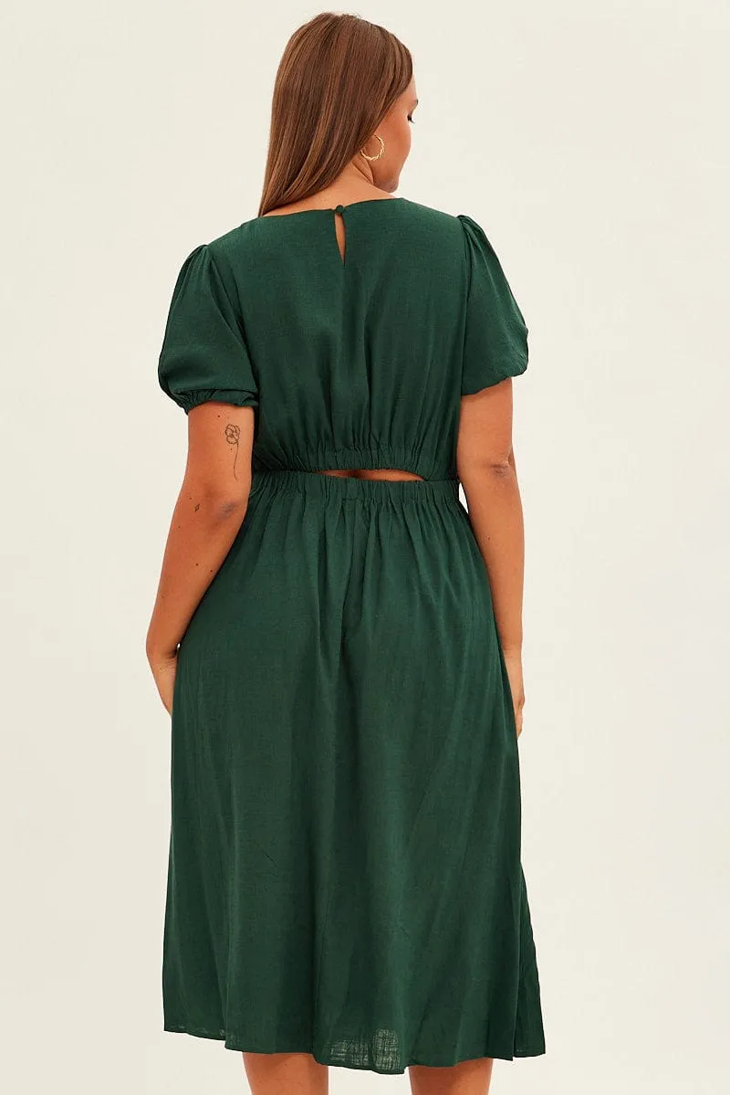Green Midi Dress Cutout Back Puff Sleeve Linen Blend Quiet Luxury Effortless Style