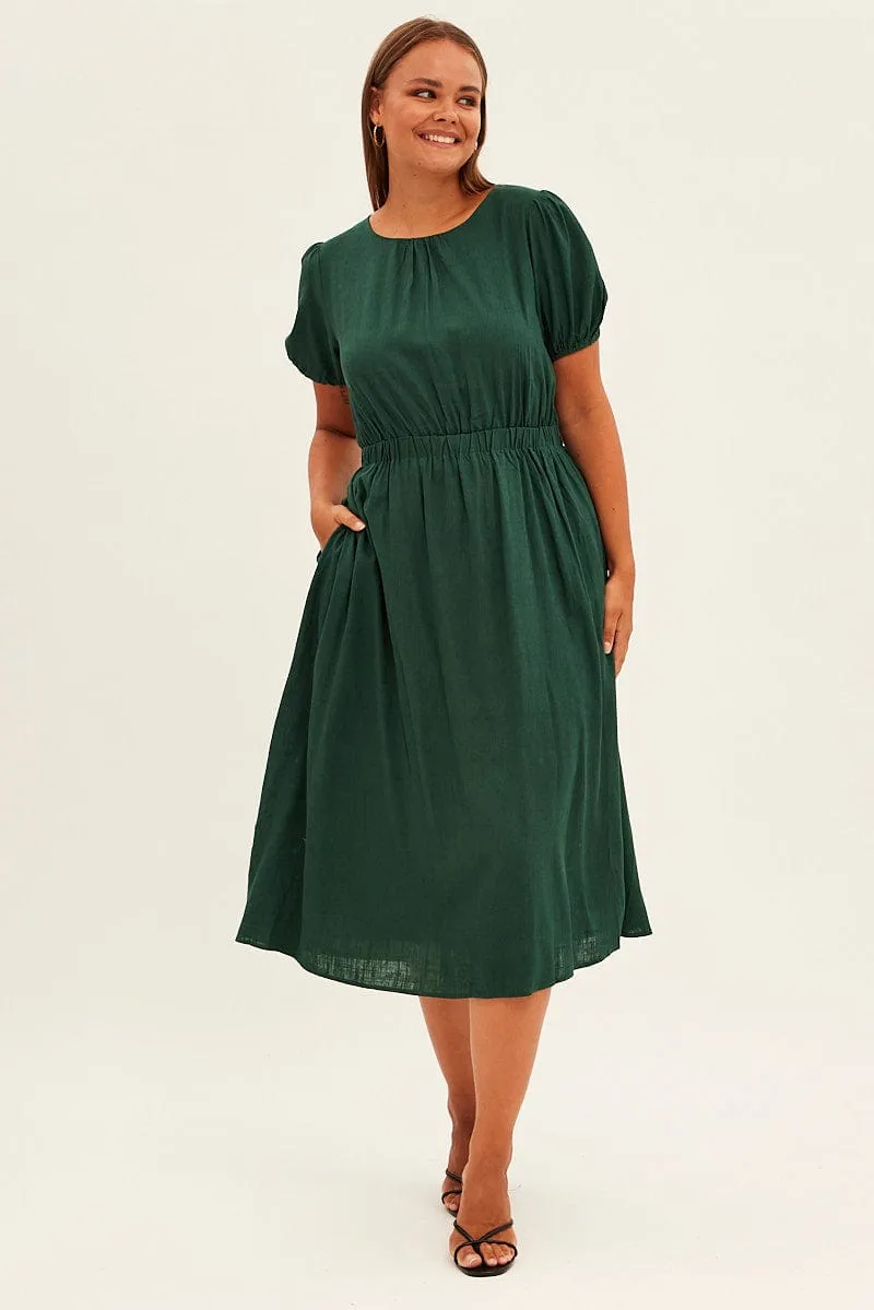 Green Midi Dress Cutout Back Puff Sleeve Linen Blend chic aesthetic Pasture View