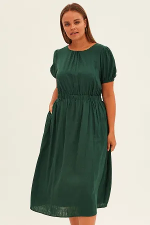 Form Hugging Green Midi Dress Cutout Back Puff Sleeve Linen Blend