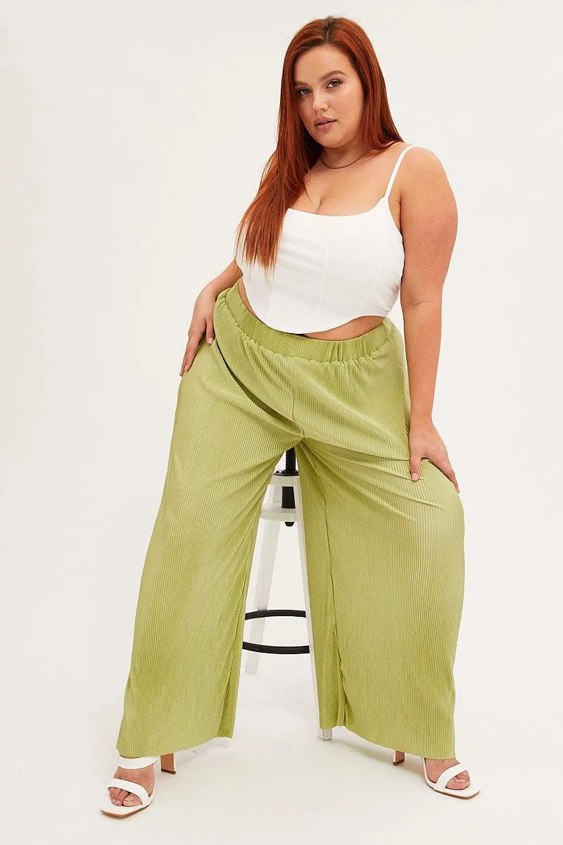 Green Plisse Pants Wide Leg High Rise LightweightDesign