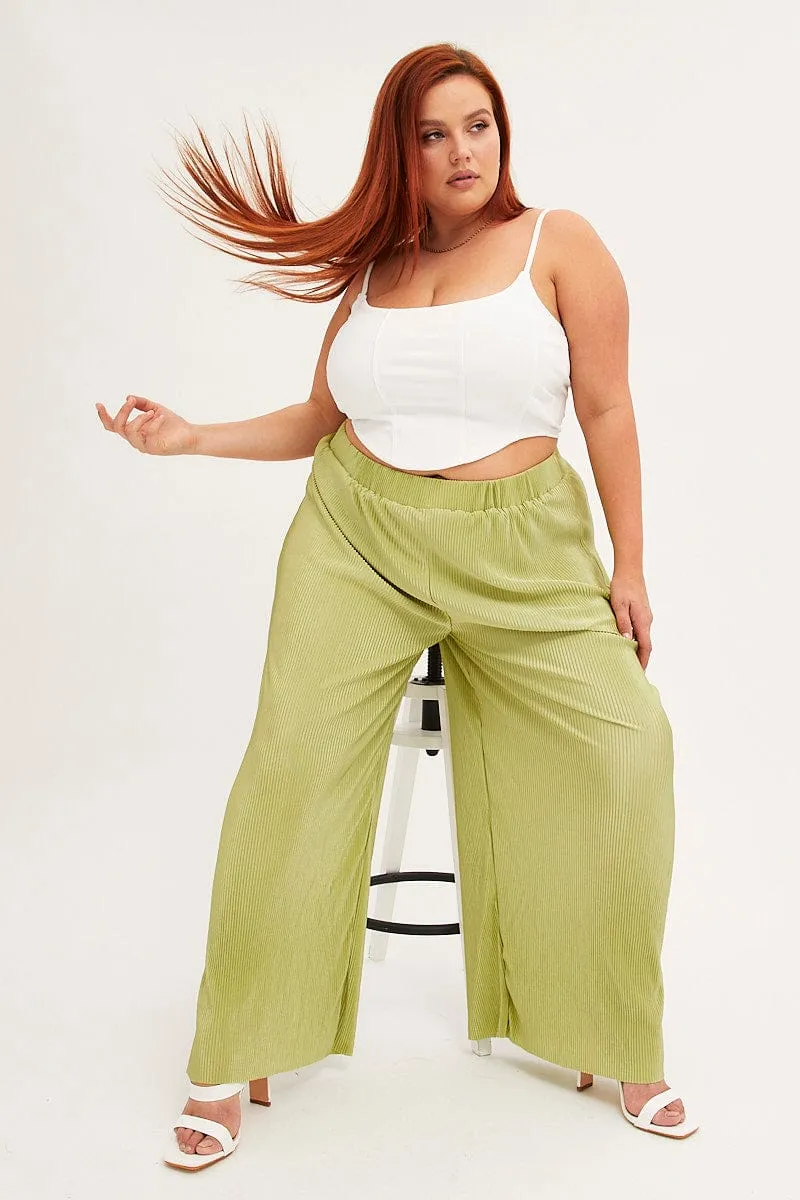 All-day Comfort Soft Interior Green Plisse Pants Wide Leg High Rise