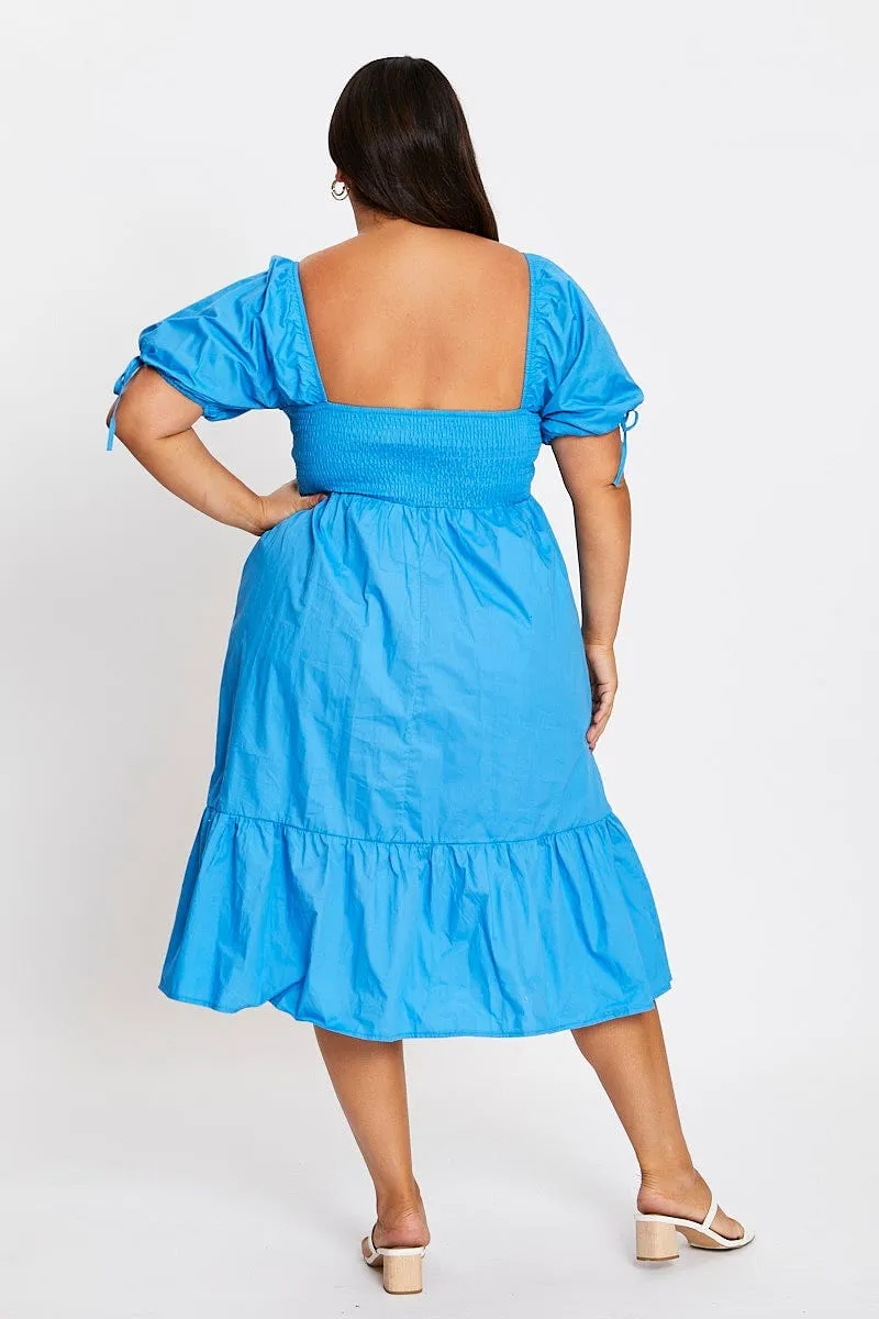 Low Effort Mid Blue Short Puff Sleeve Blue Bust Detail Dress