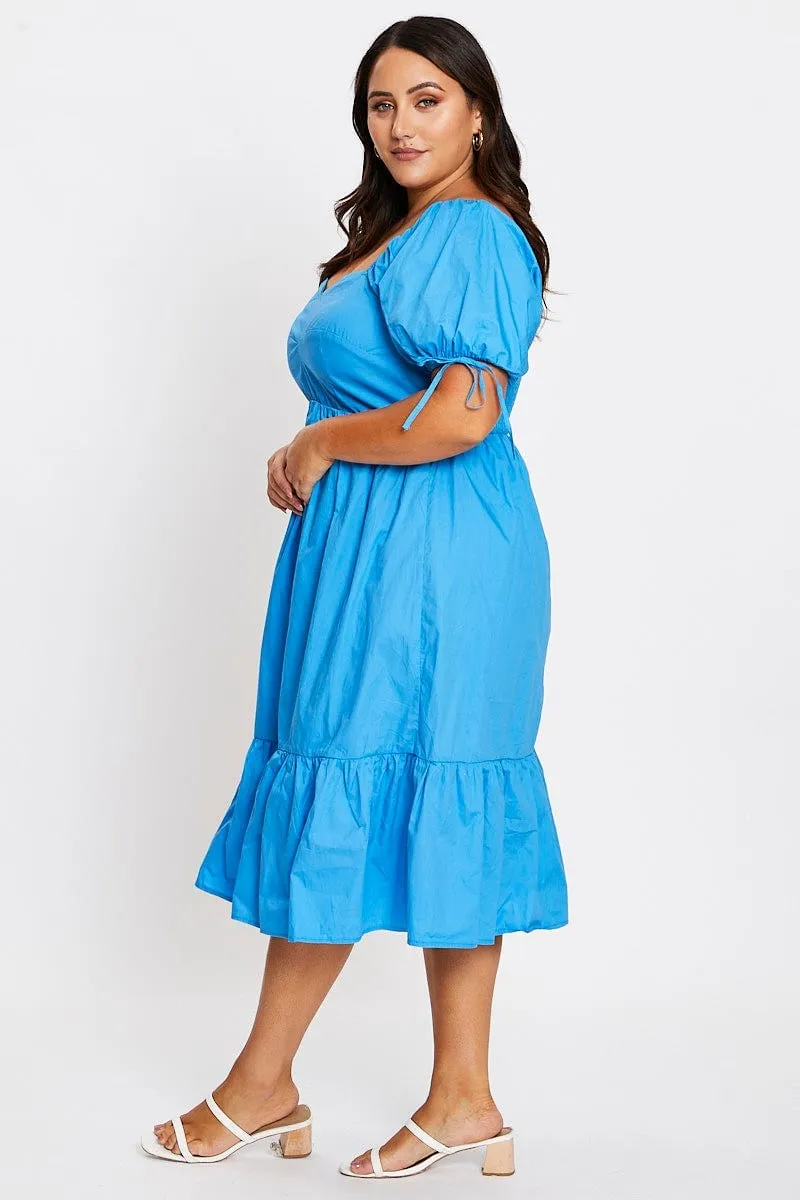 Minimalist Design Sophisticated Style Mid Blue Short Puff Sleeve Blue Bust Detail Dress