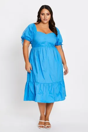 Mid Blue Short Puff Sleeve Blue Bust Detail Dress Classy Appearance