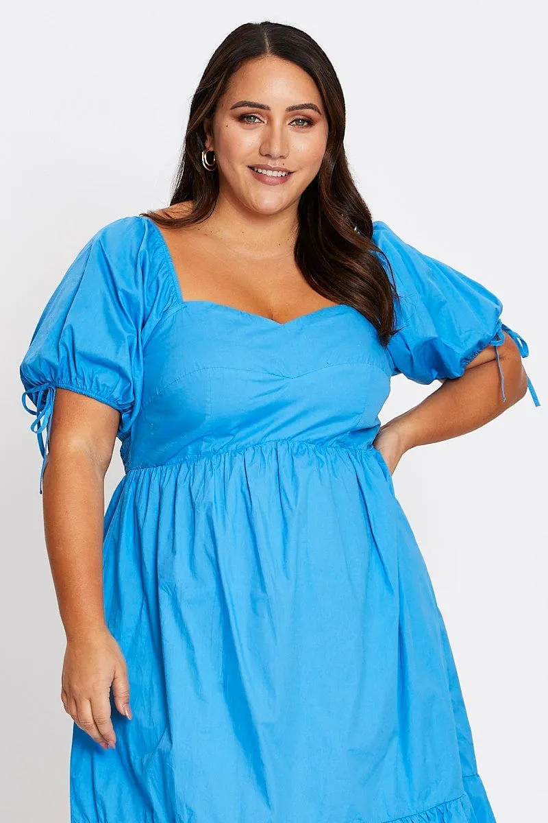 Mid Blue Short Puff Sleeve Blue Bust Detail Dress Flattering fit for all body types