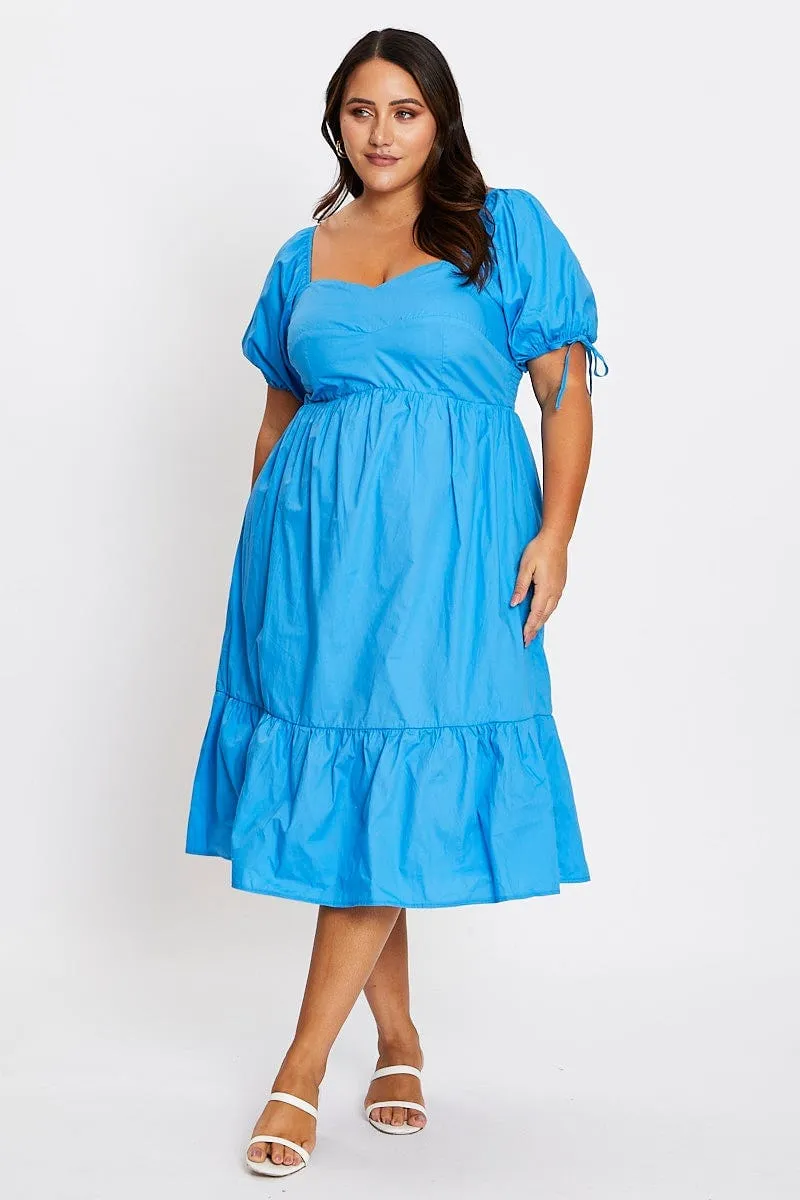 Pearl Soft Mid Blue Short Puff Sleeve Blue Bust Detail Dress