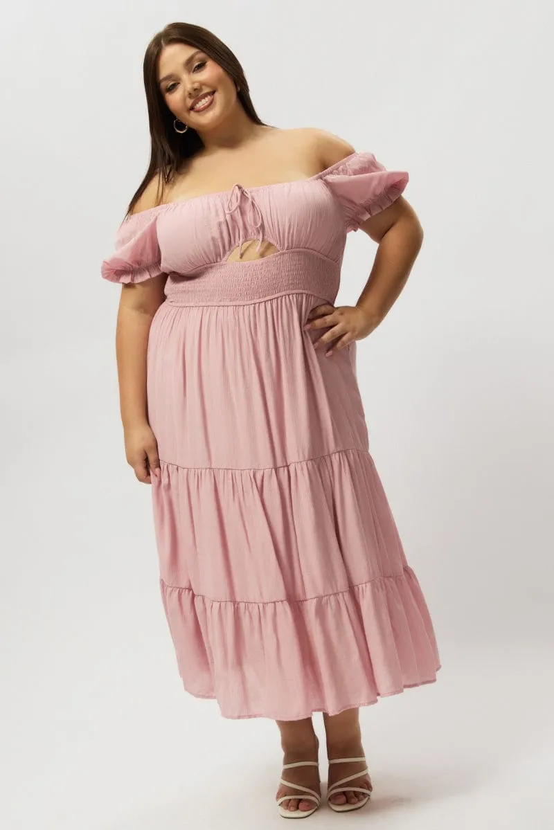 Linen Cool Pink Midi Dress Short Sleeve Hole Front