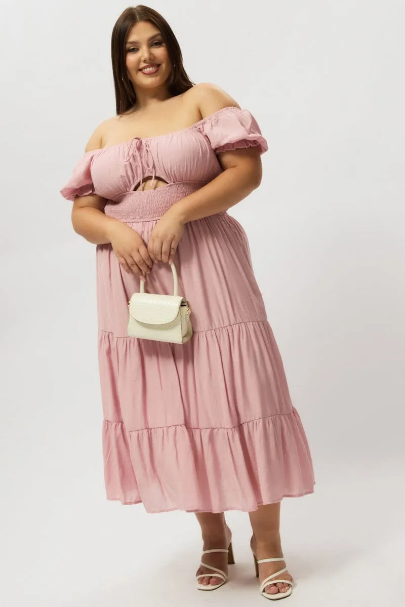 slow life Day To Night Look Pink Midi Dress Short Sleeve Hole Front