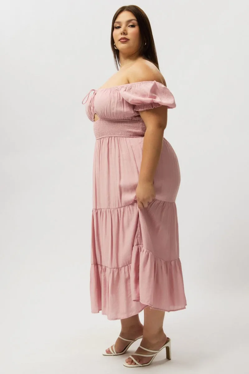 Pink Midi Dress Short Sleeve Hole Front Bronze Tone