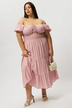 Pink Midi Dress Short Sleeve Hole Front Toast Time Trendy casual event dress