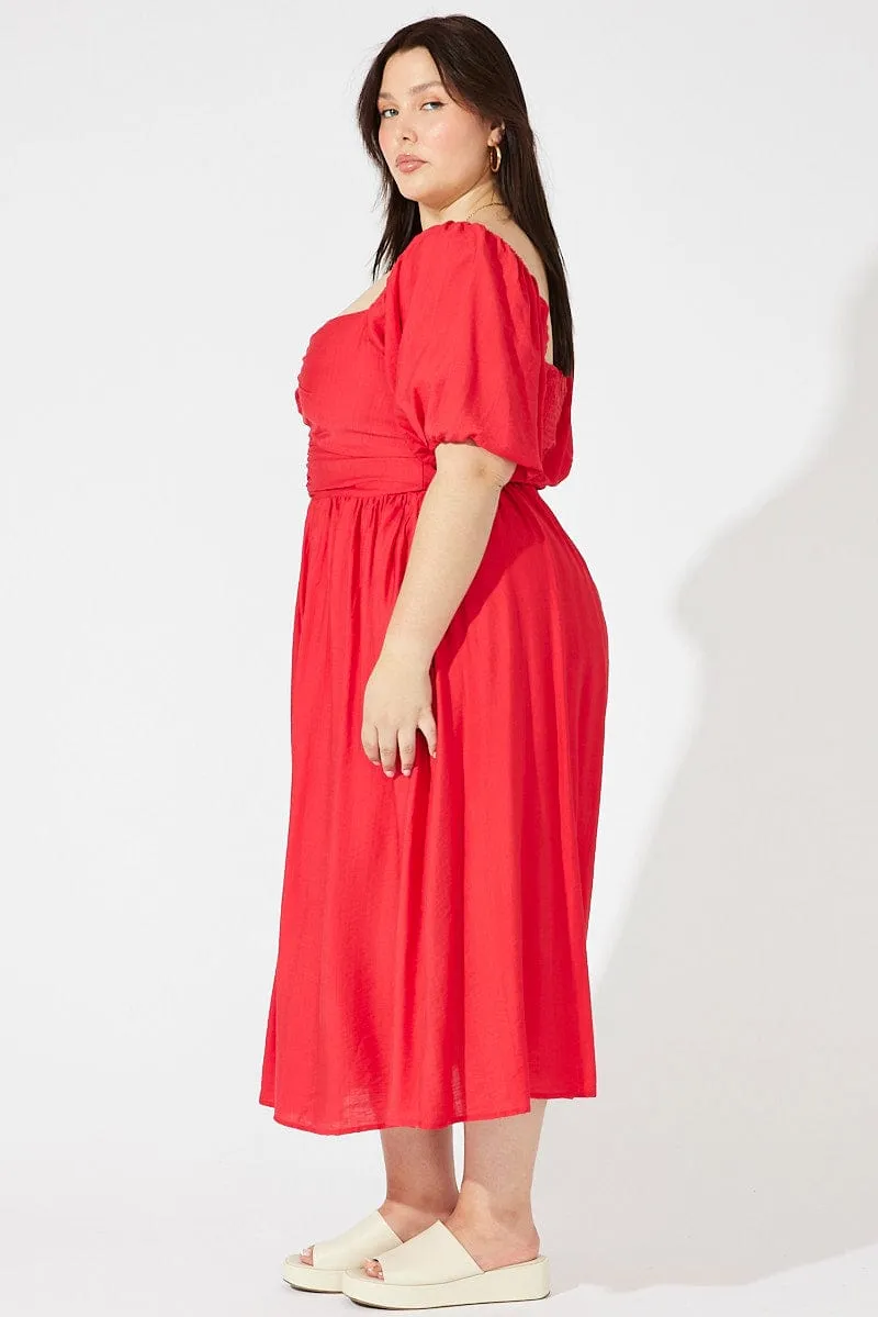Red Ruched Waist Detail Midi Dress Contemporary Wear Flower Scent