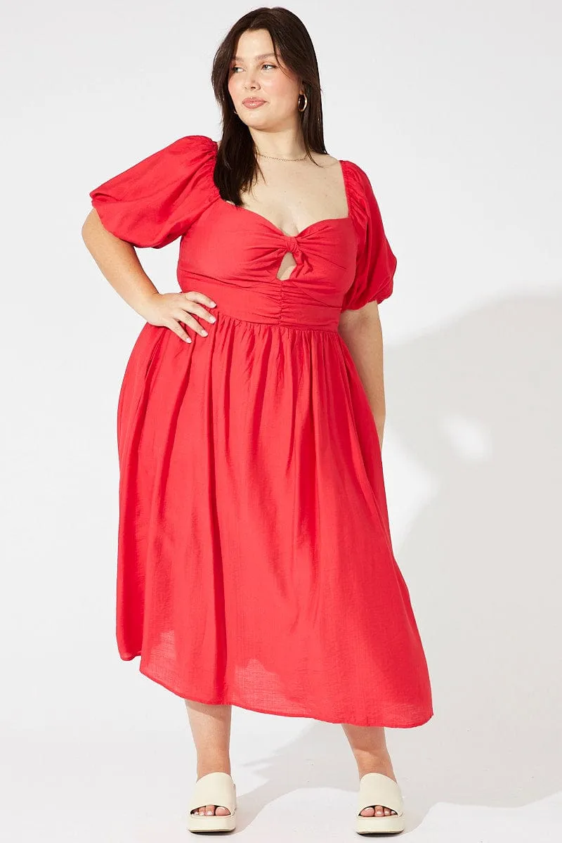 Lasting Joy Confident Girl Red Ruched Waist Detail Midi Dress