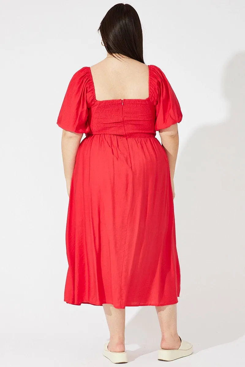 Flower Scent Red Ruched Waist Detail Midi Dress