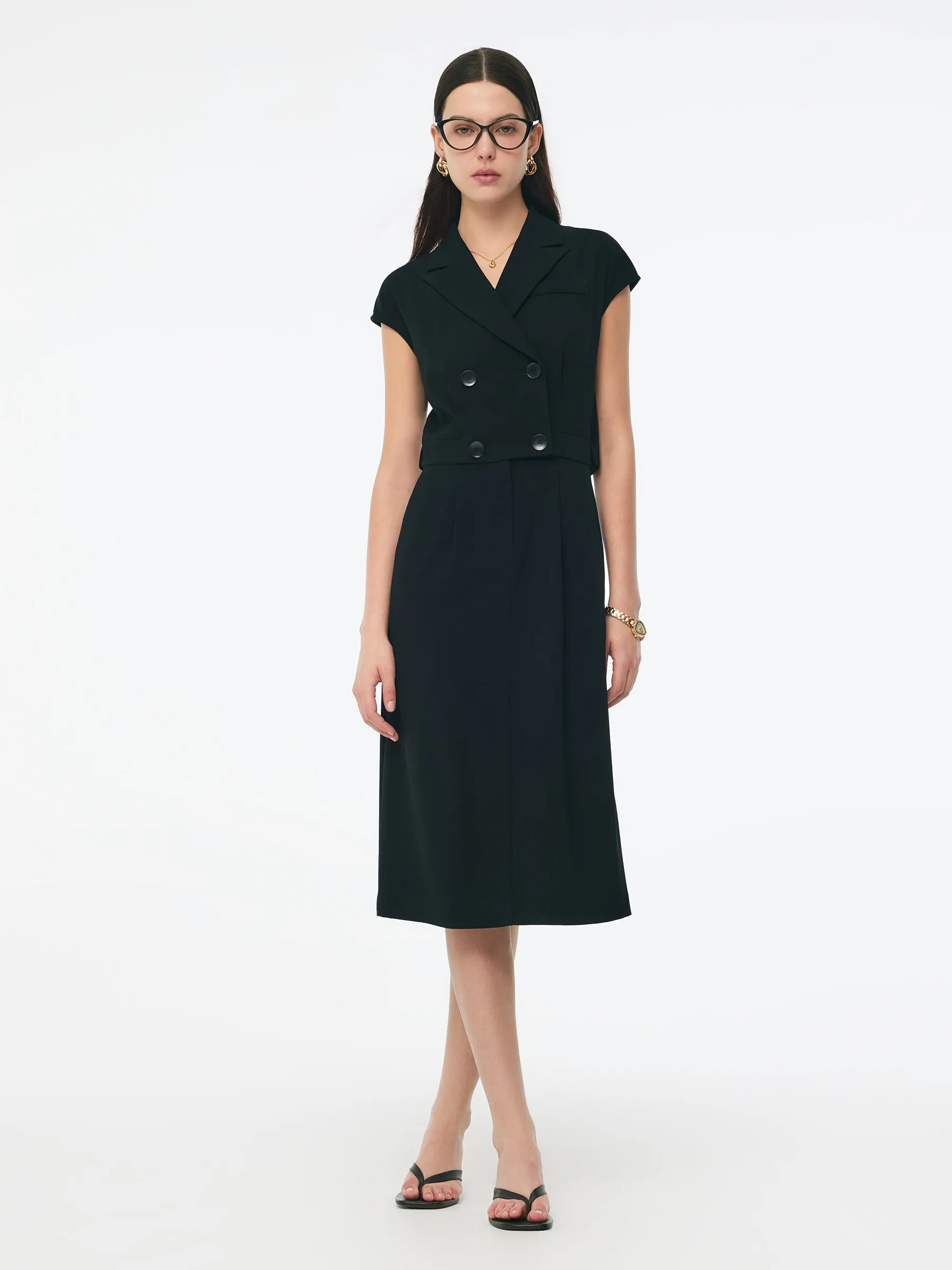 Triacetate Faux Two-Piece Cap Sleeve Women Blazer Midi Dress Breathable fabric