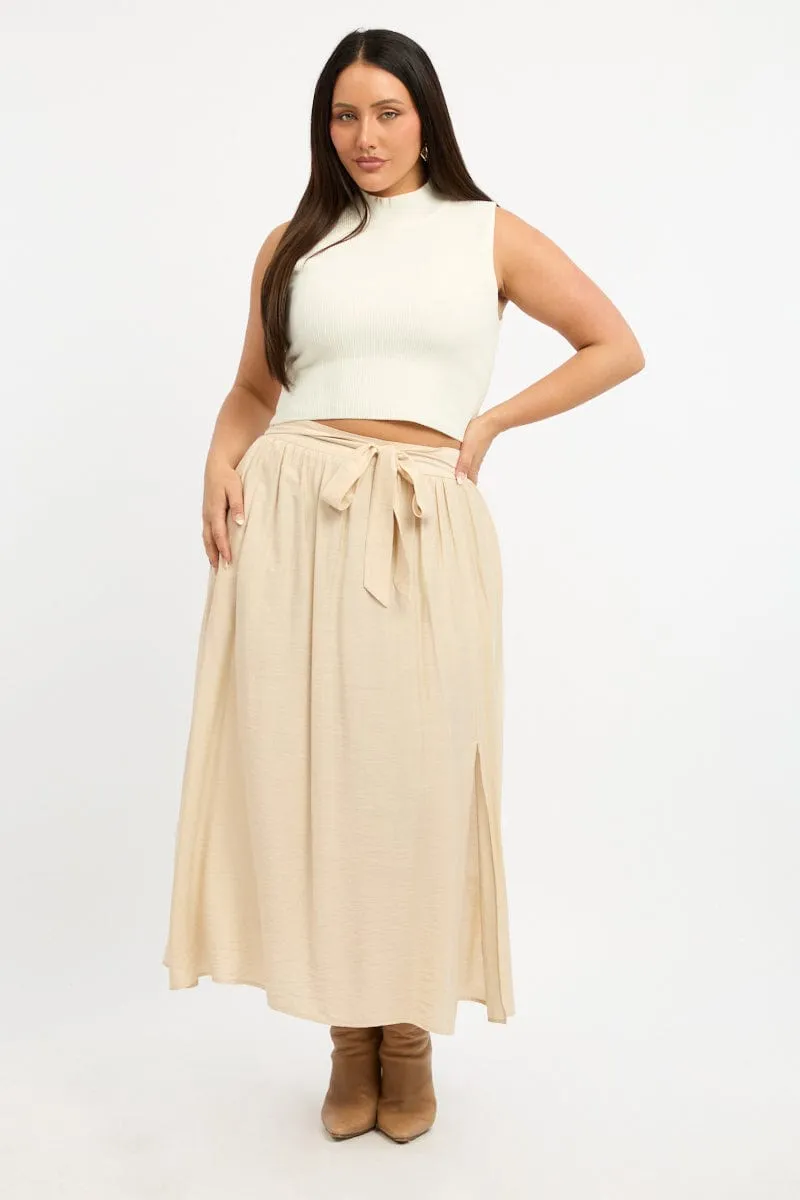 Beige Tie Waist Split Side Maxi Skirt Maxi length
