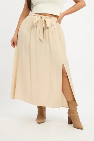 Fresh Style Beige Tie Waist Split Side Maxi Skirt