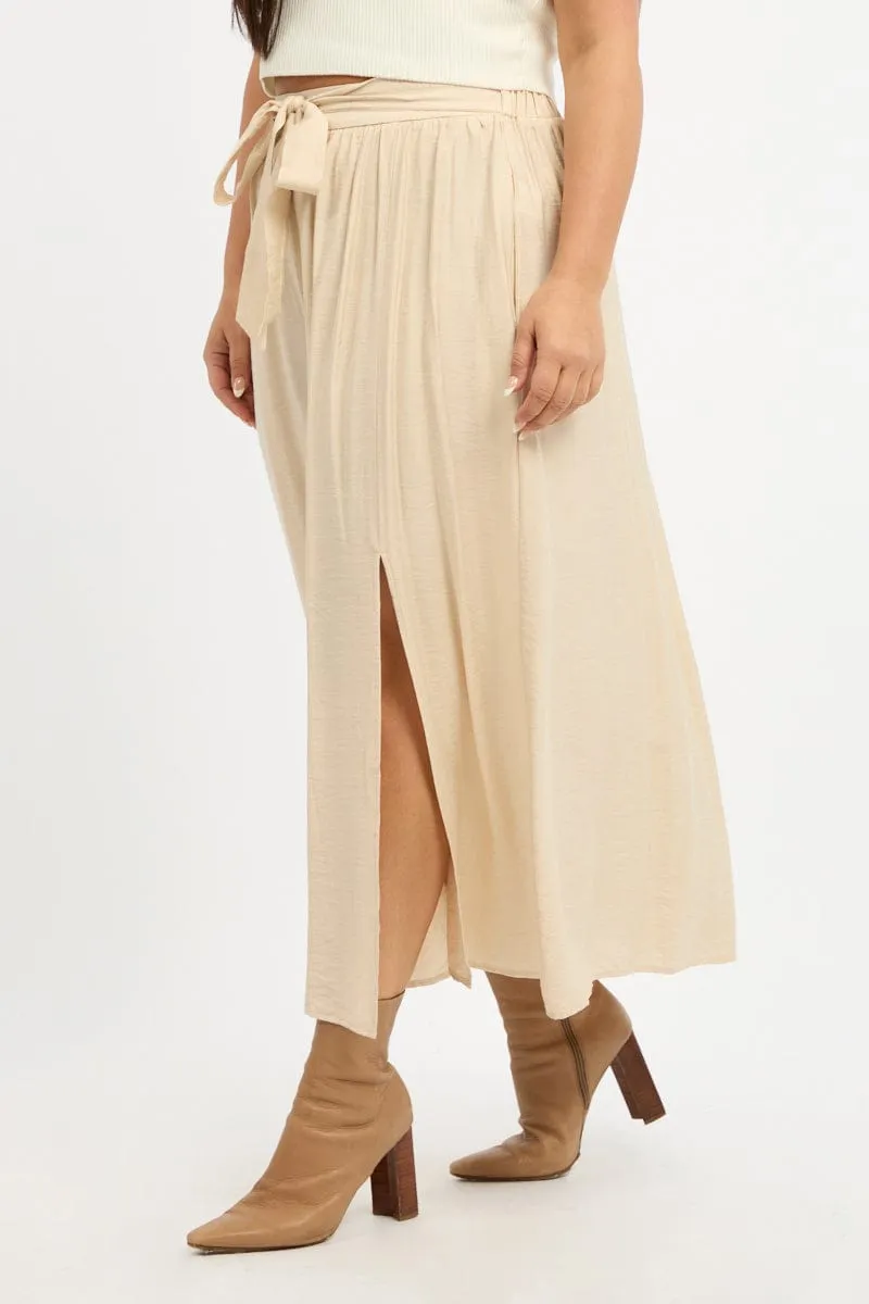 Beige Tie Waist Split Side Maxi Skirt Bestseller Item