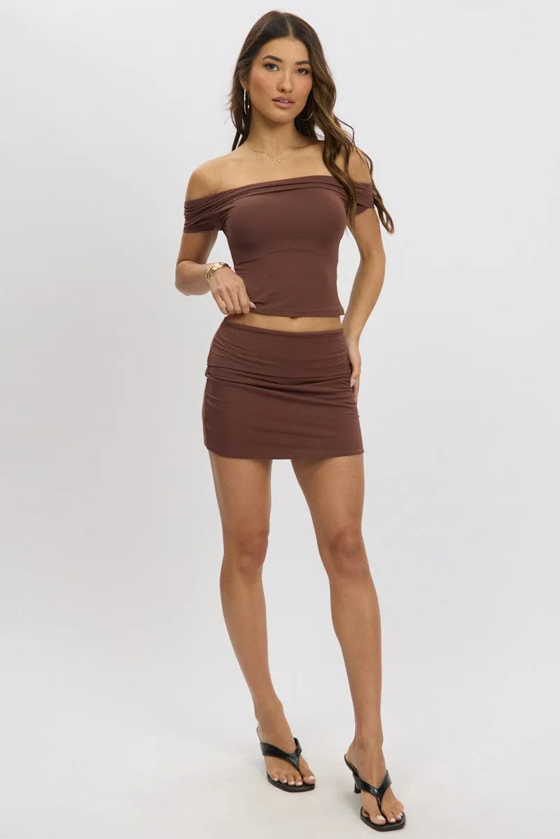 Brown Mini Skirt Fold Down Waist Modal Media Feature Comfy Fit