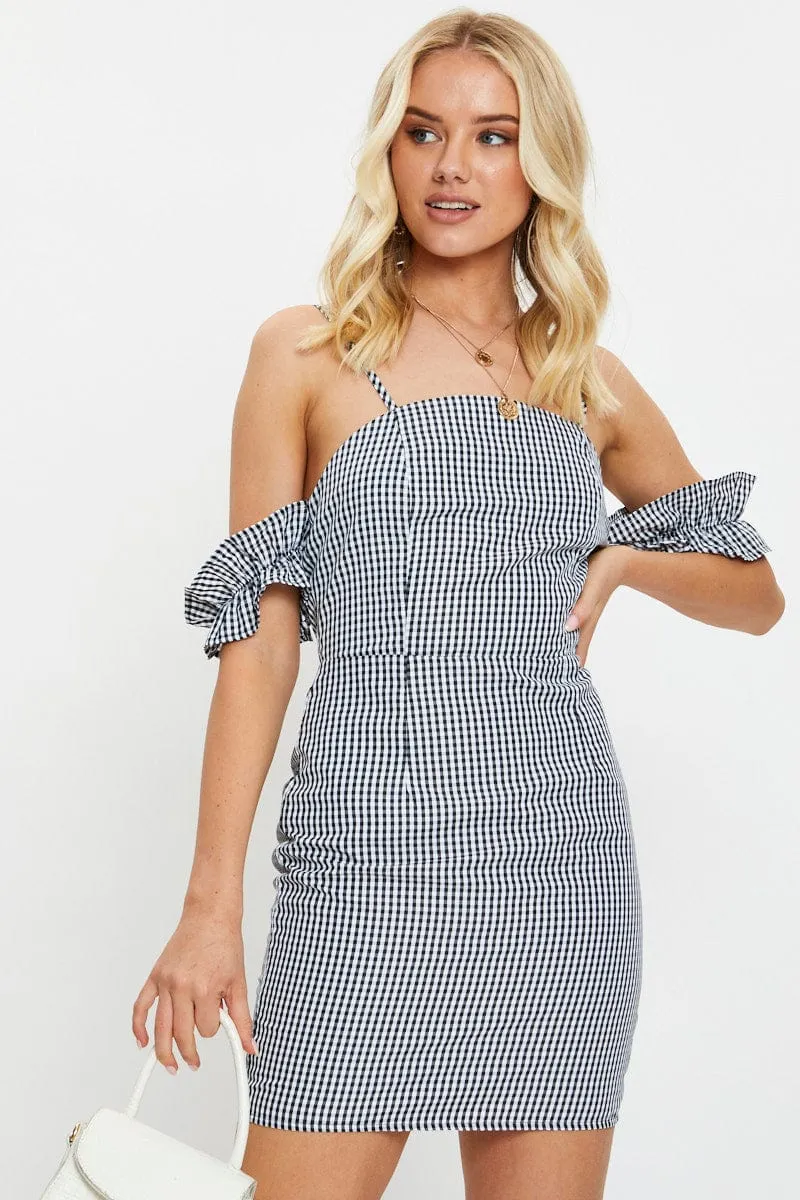 Scene Cool Fresh Style Check Gingham Off Shoulder Mini Dress