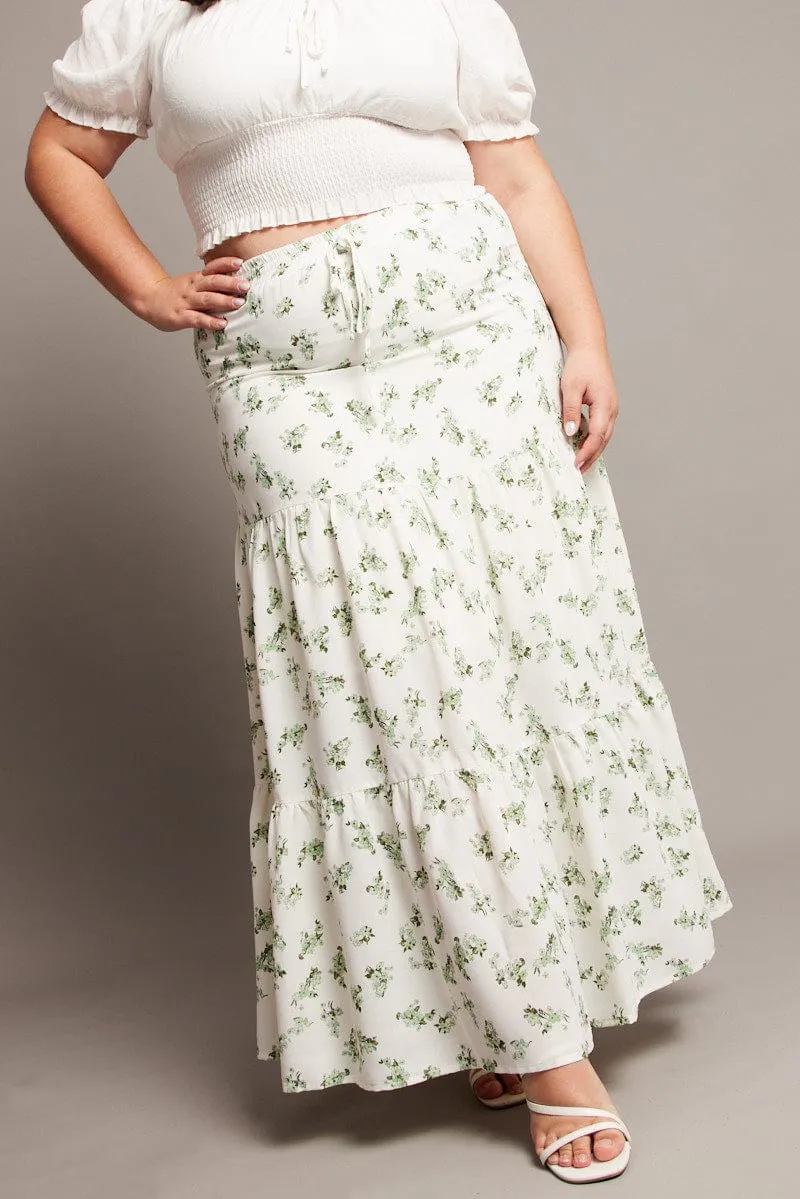 Green Ditsy Elastic Waist Maxi Skirt Tonal Layering