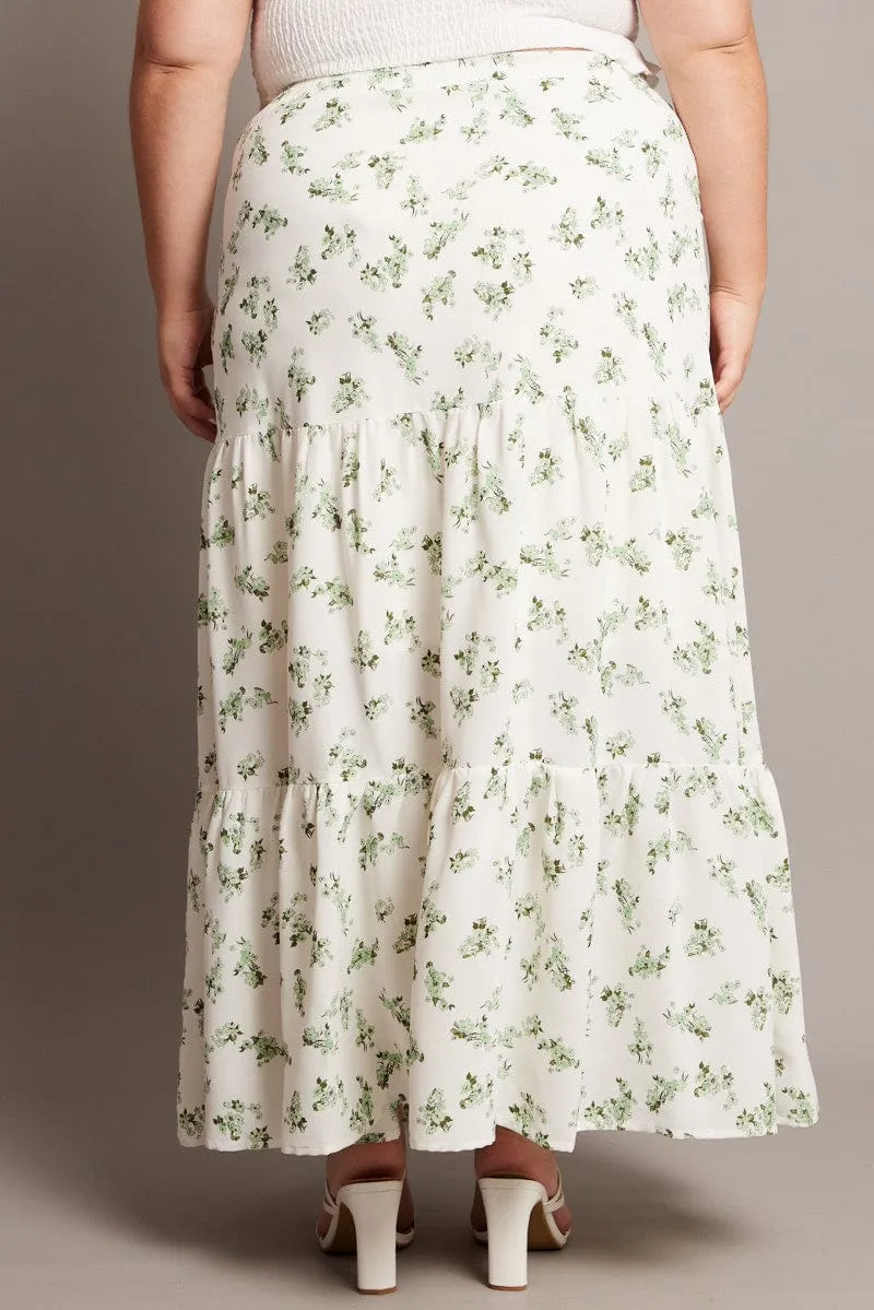 Green Ditsy Elastic Waist Maxi Skirt Soft Lining