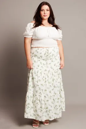 Elasticized Hem Green Ditsy Elastic Waist Maxi Skirt