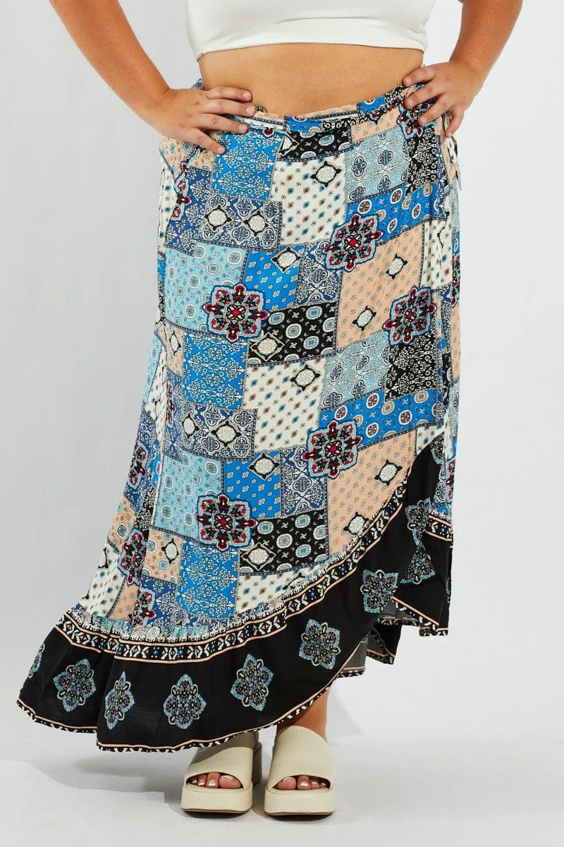 Multi Boho Wrap Maxi Skirt Diagonal Slit Flowy Drape