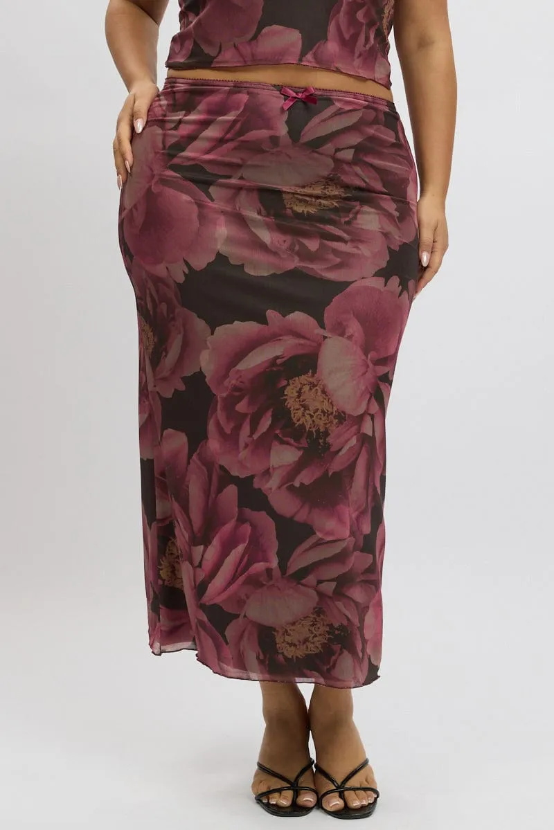 Multi Floral Mesh Skirt With Bow Trim Slip Resistant Waist Relax Outfit